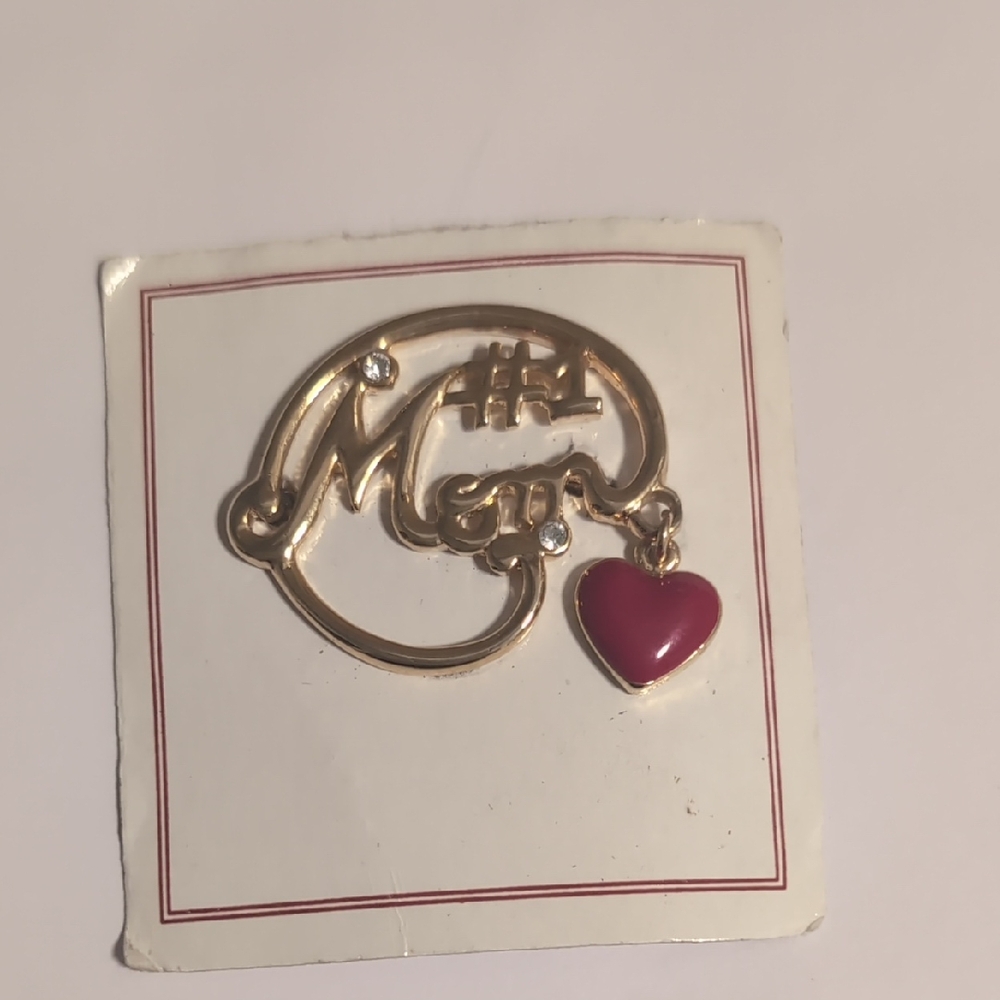 Gold and Red Enamel Heart Charm With Crystal Rhinestones Brooch‎